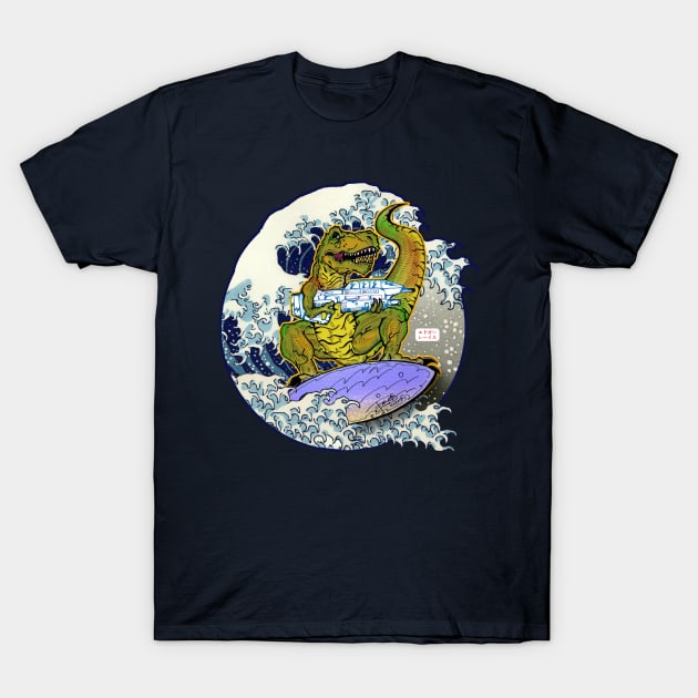 Surfing T-Rex with a gun! T-Shirt by mredthefed